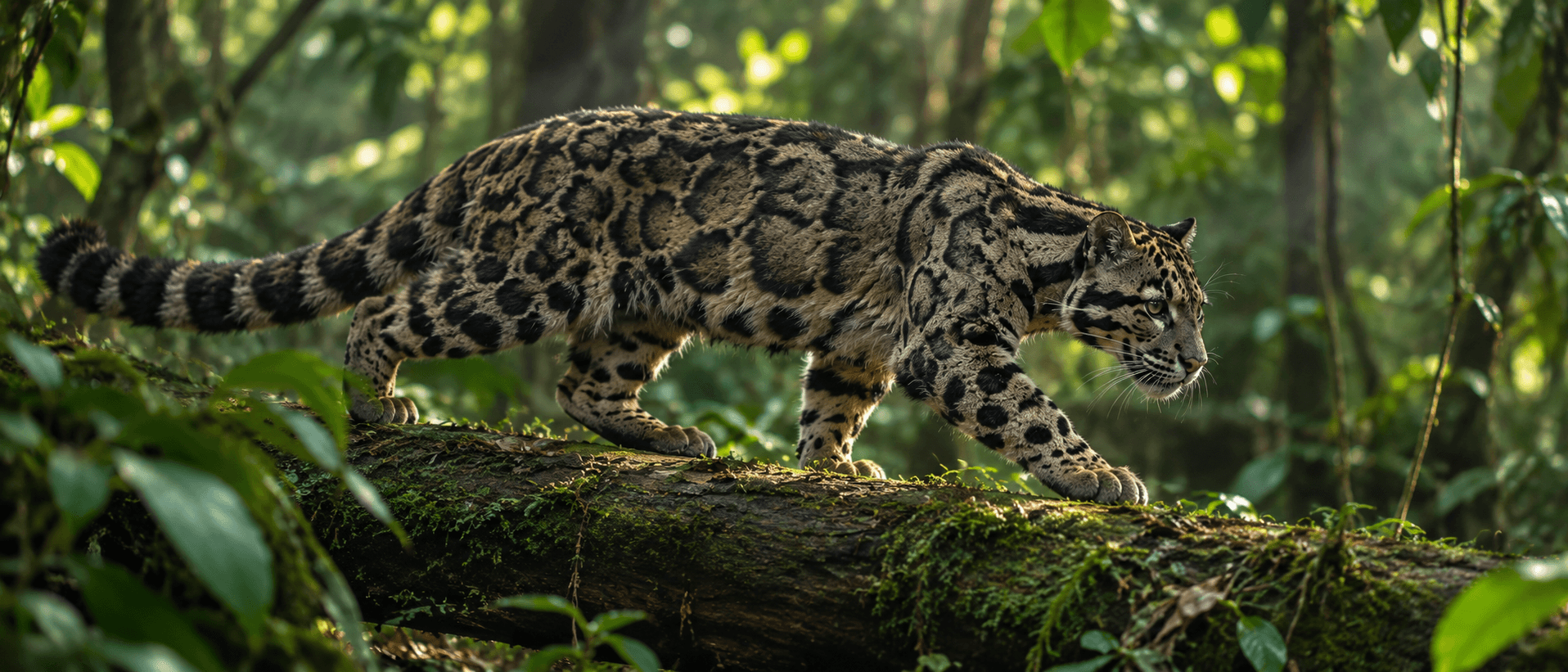 A clouded leopard moving confidently through steep, tangled canopy terrain — the terrain we named the company for.